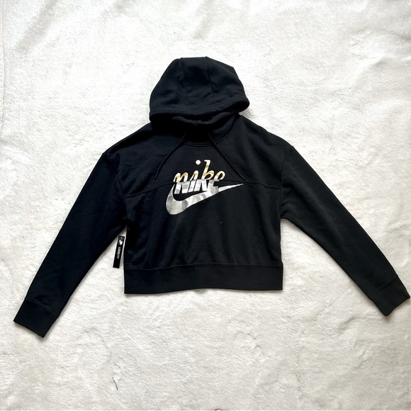 NWT Nike Relaxed Fit Crop Front Signature Hooded Sweatshirt Black XS - Picture 1 of 8